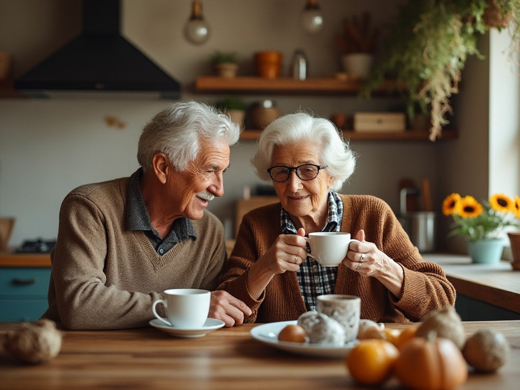 Baka i djed u svojoj kuhinji, ispijaju čaj i uživaju u toplini zajedničkih trenutaka.