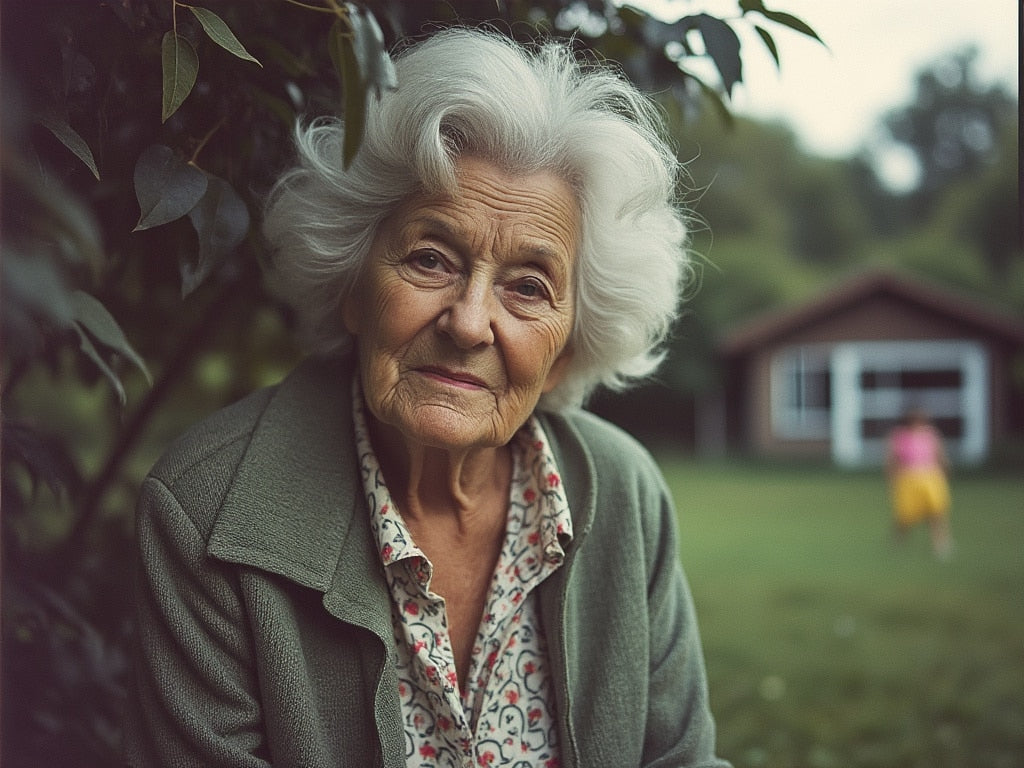 Stara baka s toplim osmijehom, razmišljajući o lijepim uspomenama iz prošlosti.