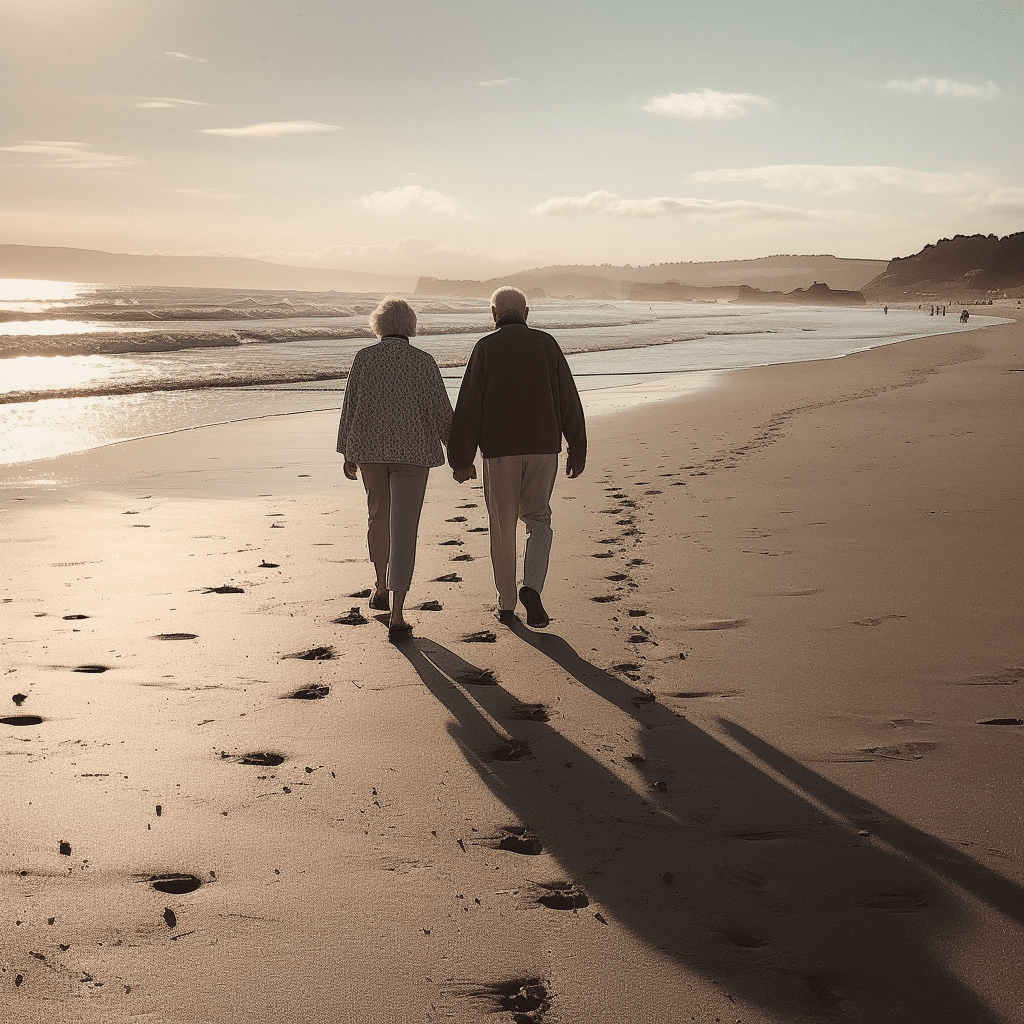 Baka i djed hodaju plažom držeći se za ruke, uživajući u mirnom zalasku sunca.