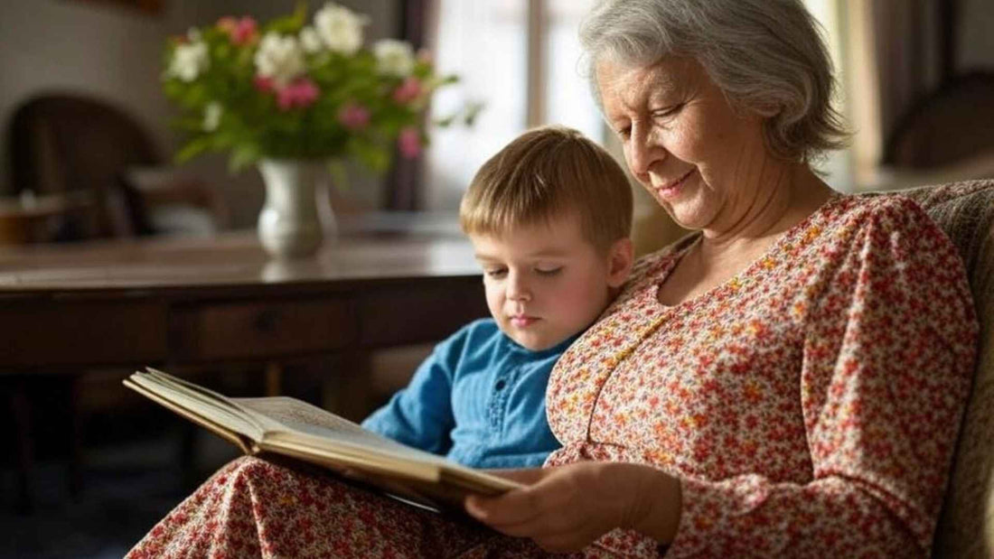 Baka i unuk sjede zajedno, dok baka s ljubavlju čita priču iz knjige, stvarajući nezaboravne uspomene.