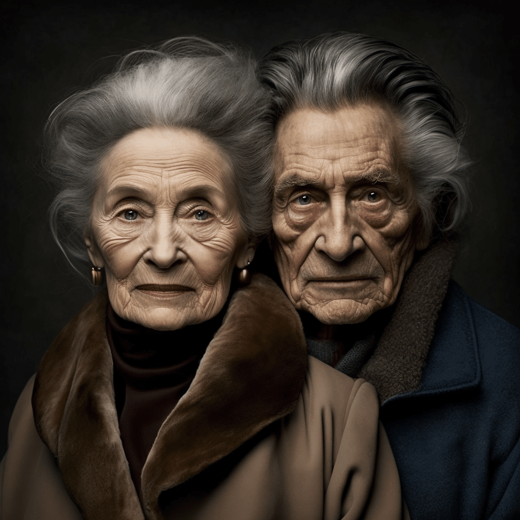 Elegantan stariji par – baka i djed s prepoznatljivim stilom gledaju izravno u kameru, sa smiješkom punim životne mudrosti.