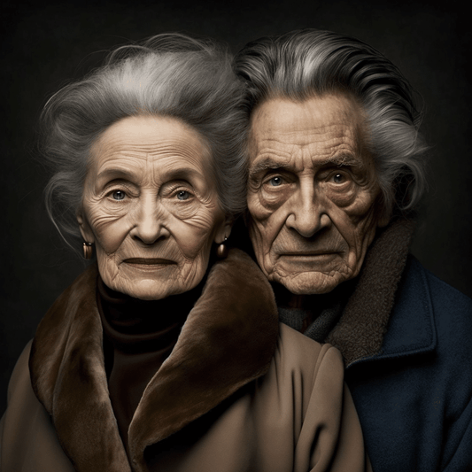 Elegantan stariji par – baka i djed s prepoznatljivim stilom gledaju izravno u kameru, sa smiješkom punim životne mudrosti.