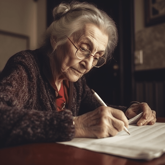 Stara baka sjedi za stolom u svom dnevnom boravku i piše pismo, dok svjetlost pada na papir.