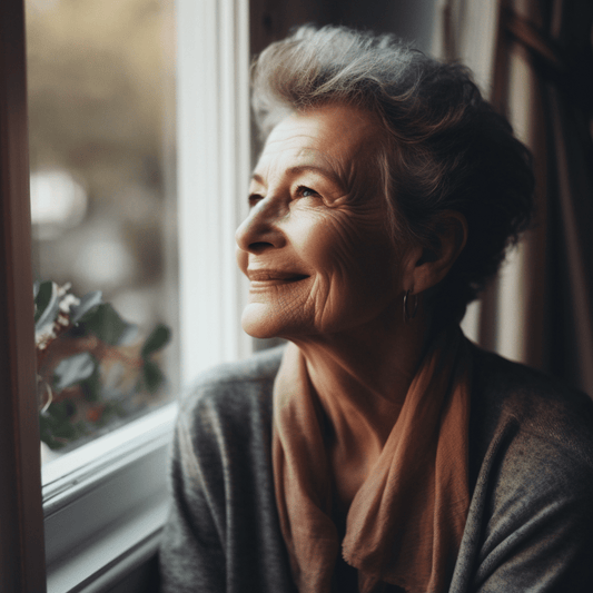 Prelijepa baka s osmijehom na licu gleda kroz prozor, dok sunčeva svjetlost nježno obasjava njezino lice.