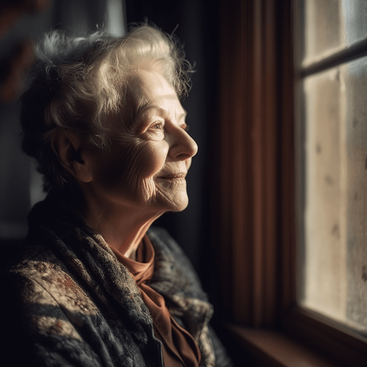 Prelijepa starija baka gleda kroz prozor dok je obasjava sunčeva svjetlost, izgubljena u mislima i uspomenama.